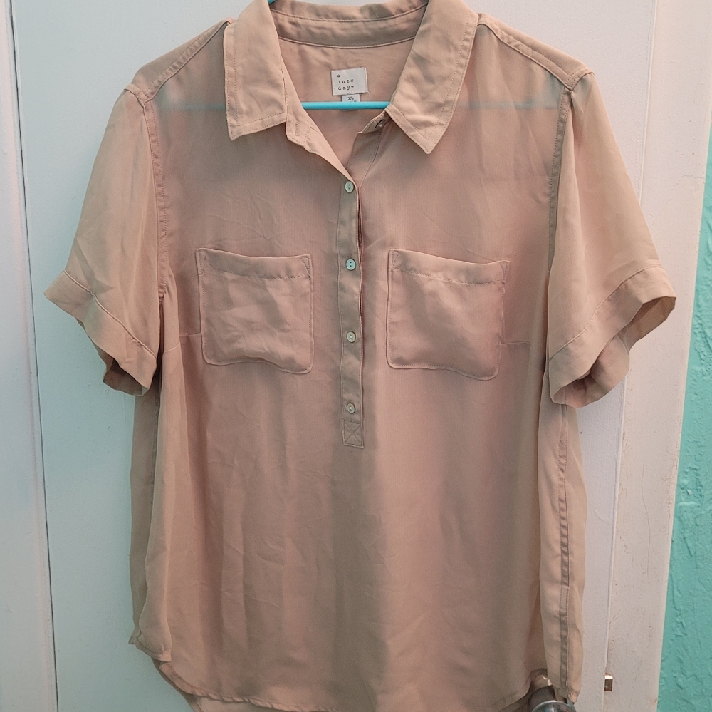 A New Day sheer short sleeve khaki blouse XL